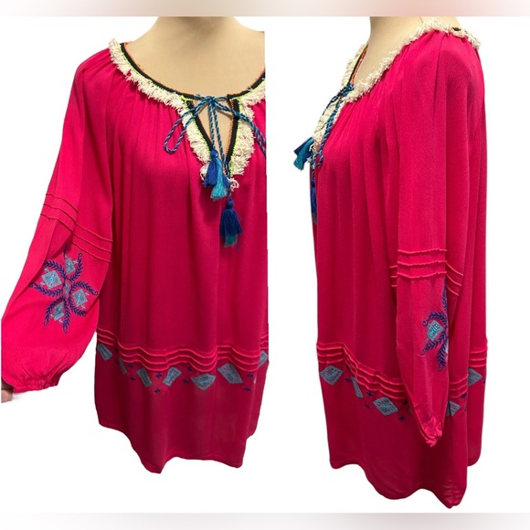 Hayden LA Women's Plus Mini Dress Tunic 1XL Fuchsia Embroidery Tassel Tie Fringe - Picture 3 of 12